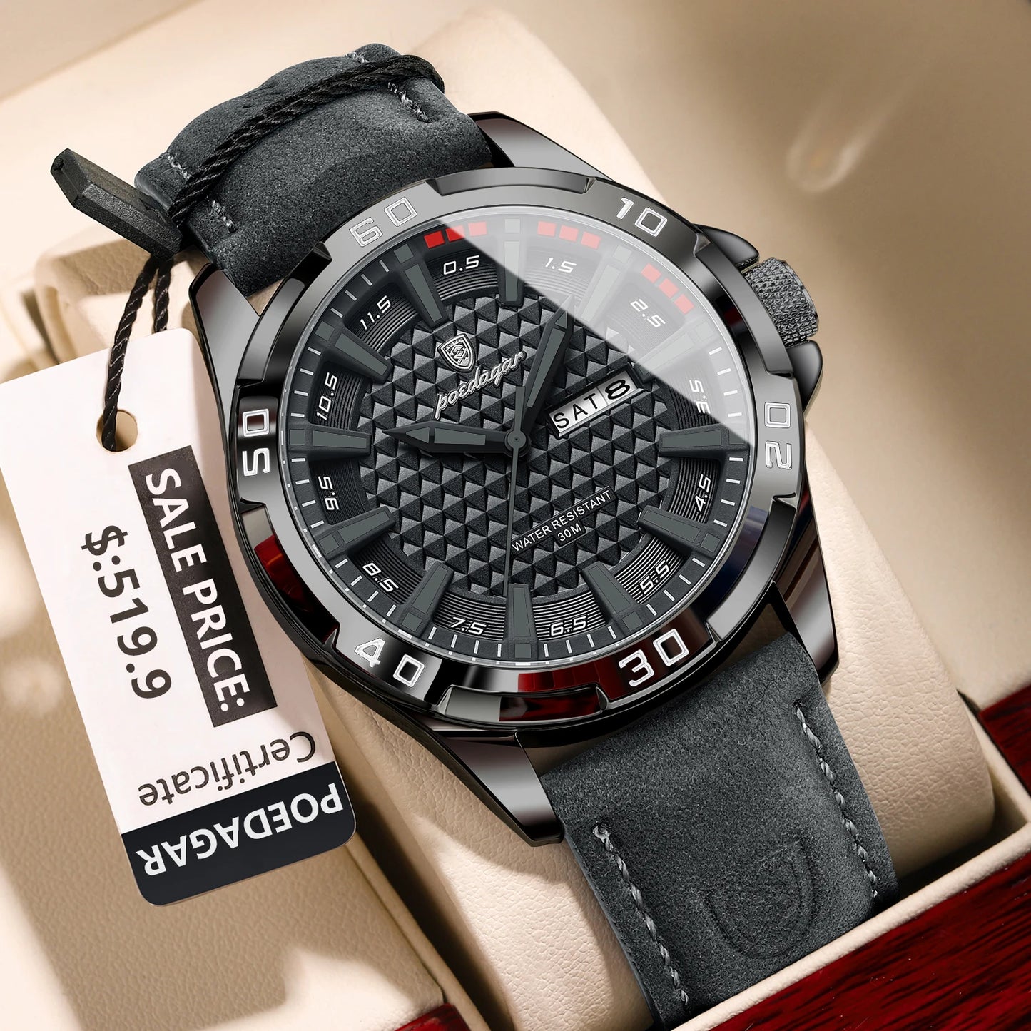 Men’s Leather Quartz Watch With Date & Week Display