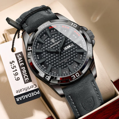 Men’s Leather Quartz Watch With Date & Week Display