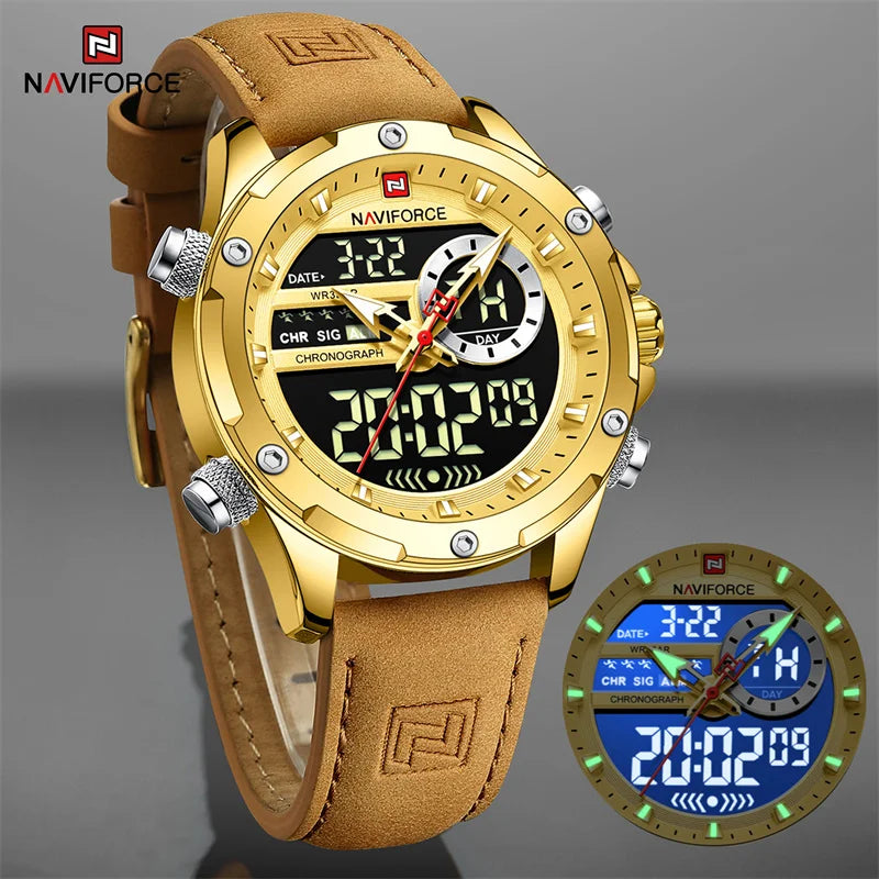 Men’s Analog Digital Chronograph Watch Leather Strap
