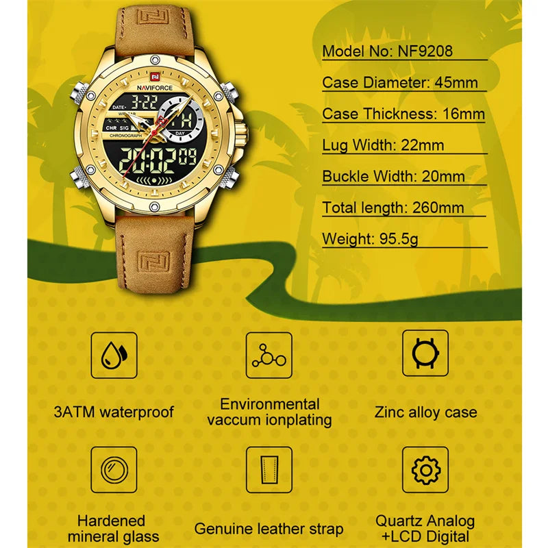 Men’s Analog Digital Chronograph Watch Leather Strap