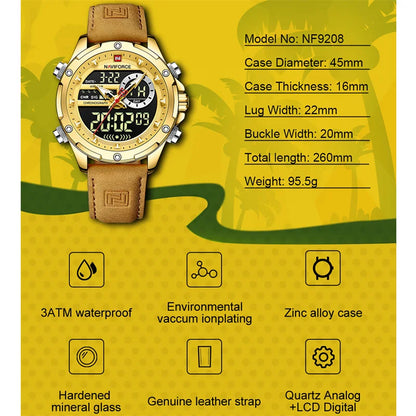 Men’s Analog Digital Chronograph Watch Leather Strap