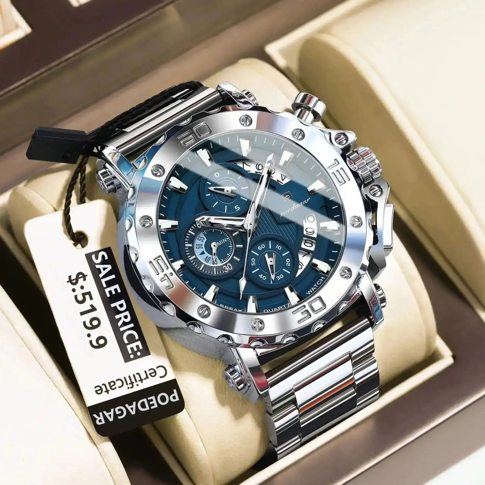 Men's Stainless Steel Chronograph Watch – Luminous & 3ATM