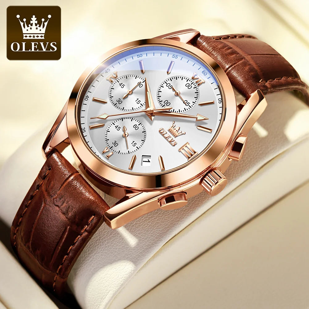 Men's Leather Chronograph Watch Luminous & Waterproof