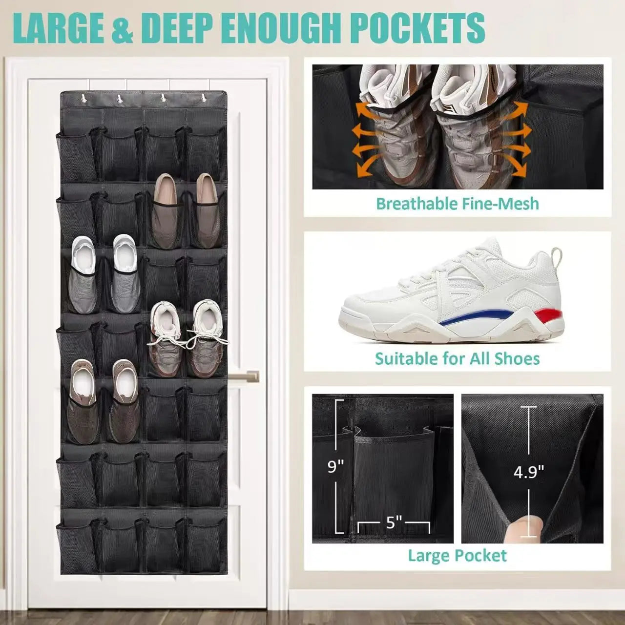 Over The Door Shoe Organizer With Large Mesh Pockets