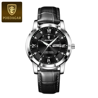 Men’s Leather Quartz Watch With Date & Week Display