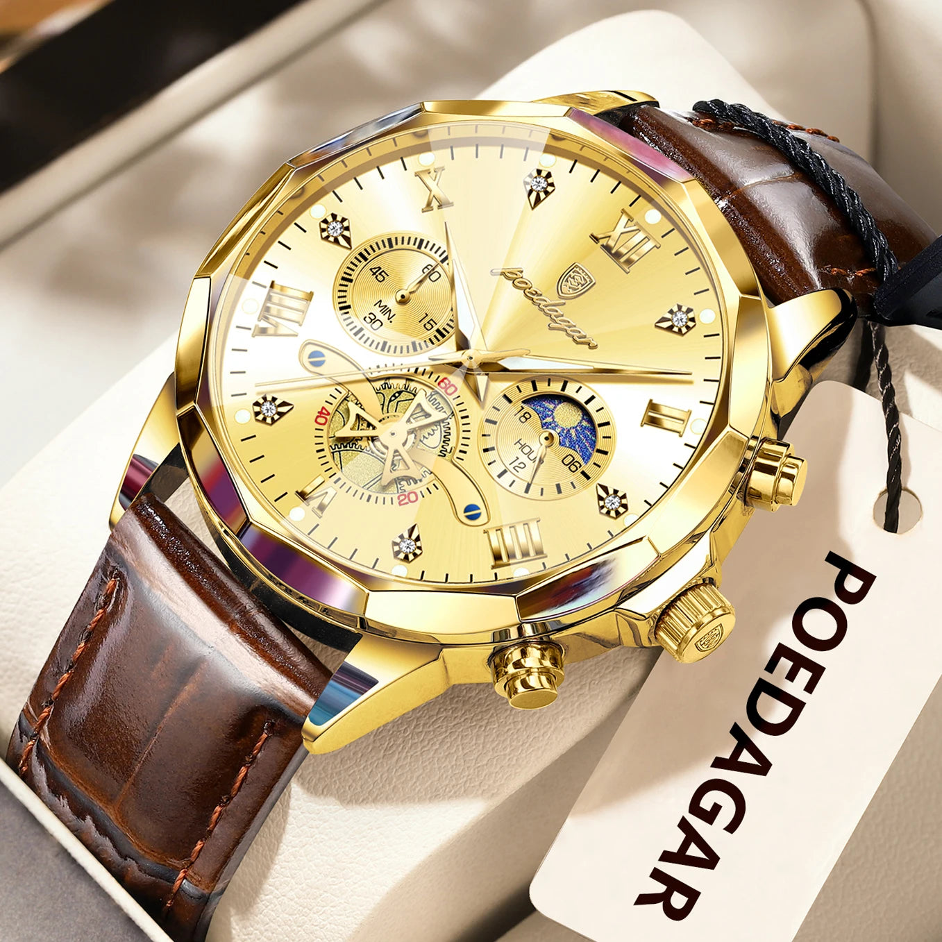 Men’s Leather Chronograph Watch Quartz Waterproof