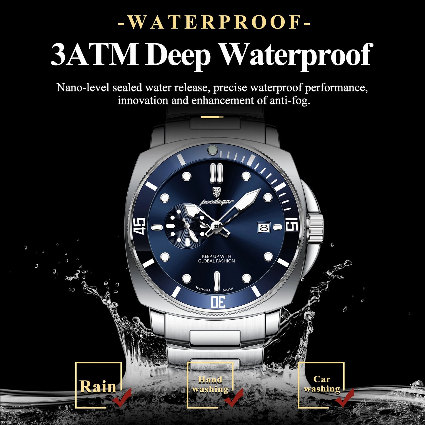 Men’s Stainless Steel Sports Watch – Luminous, 3Bar Water Resistant