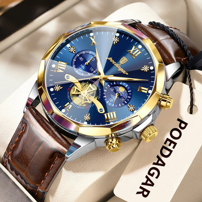 Men’s Leather Chronograph Watch Quartz Waterproof