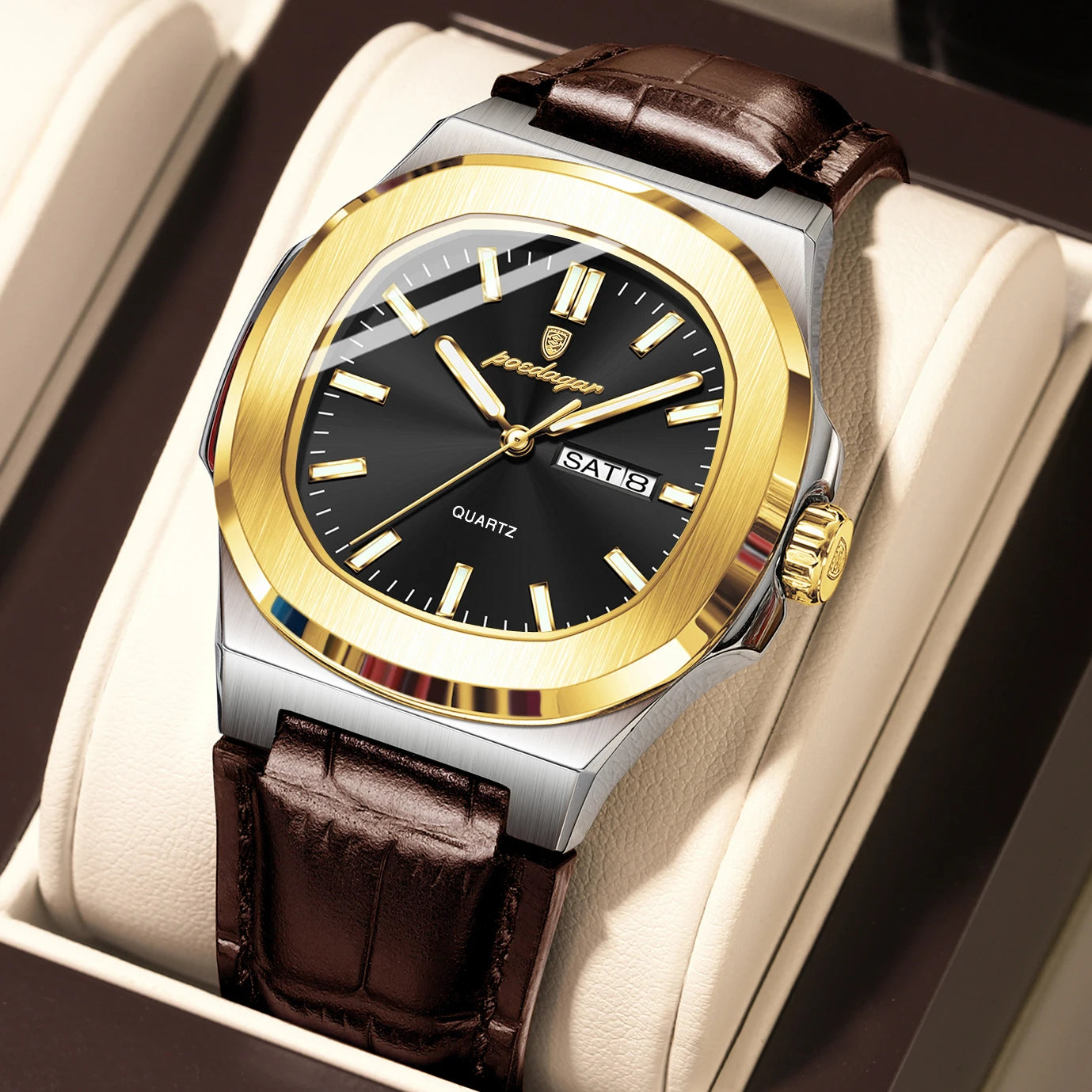 Men’s Square Quartz Watch With Leather Strap