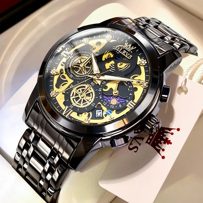Men’s Gold Skeleton Quartz Watch With Stainless-Steel Band