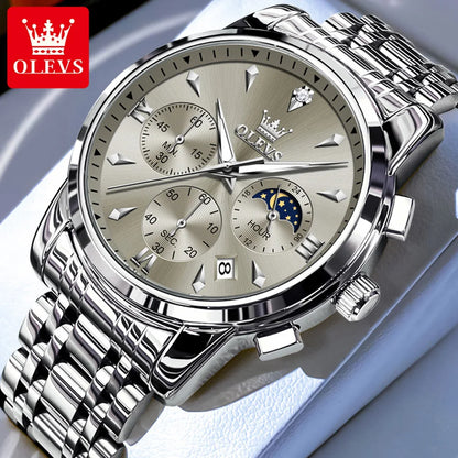 Men’s Stainless Steel Quartz Watch With Moon Phase