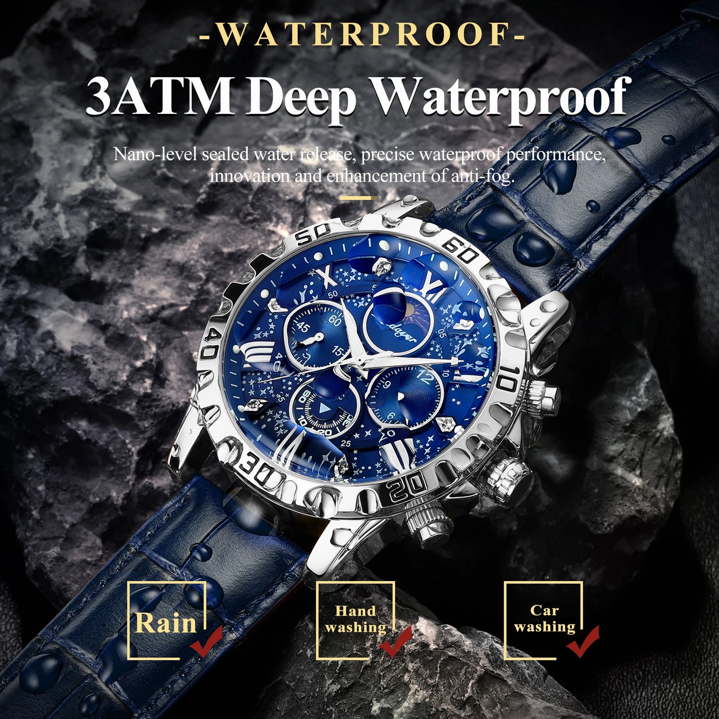 Men’s Quartz Chronograph Watch Leather Strap Waterproof