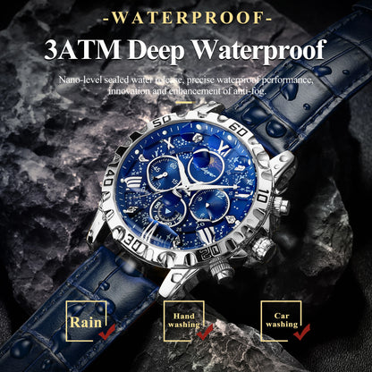 Men’s Quartz Chronograph Watch Leather Strap Waterproof