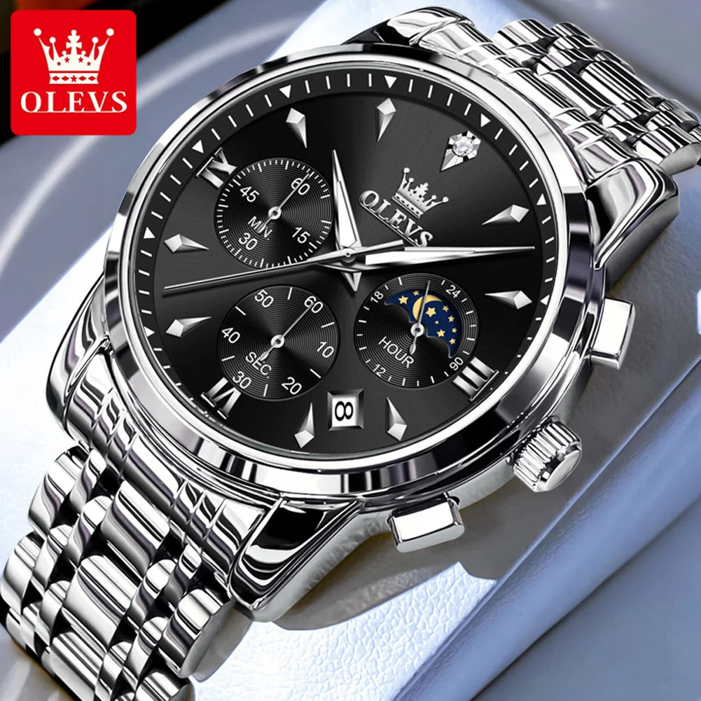 Men’s Stainless Steel Quartz Watch With Moon Phase