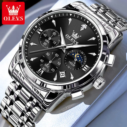Men’s Stainless Steel Quartz Watch With Moon Phase