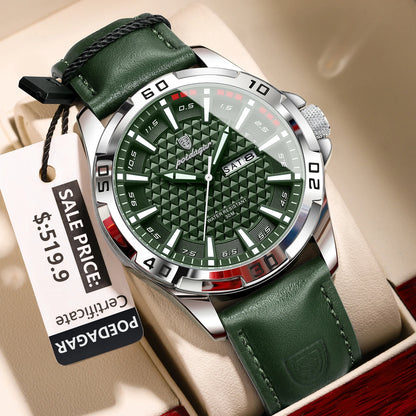 Men’s Leather Quartz Watch With Date & Week Display