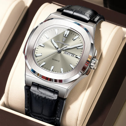 Men’s Square Quartz Watch With Leather Strap