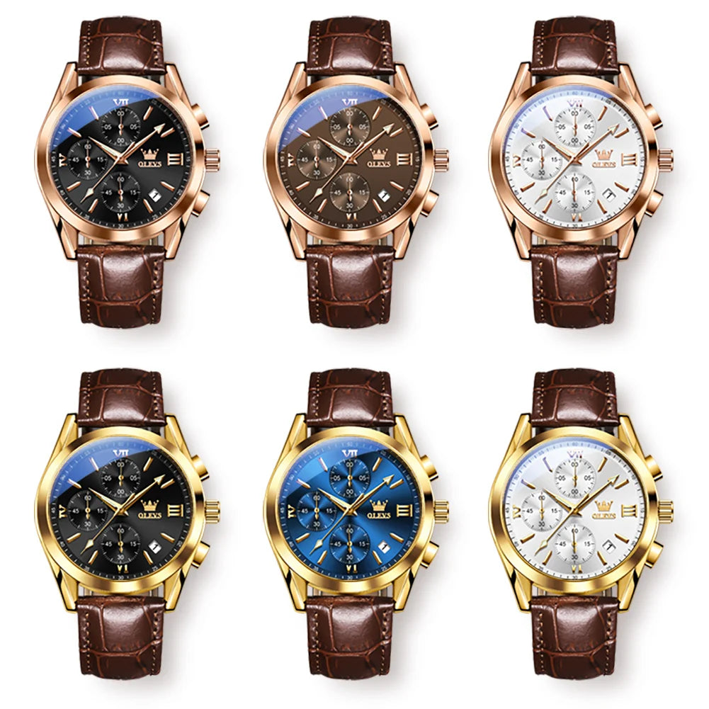 Men's Leather Chronograph Watch Luminous & Waterproof