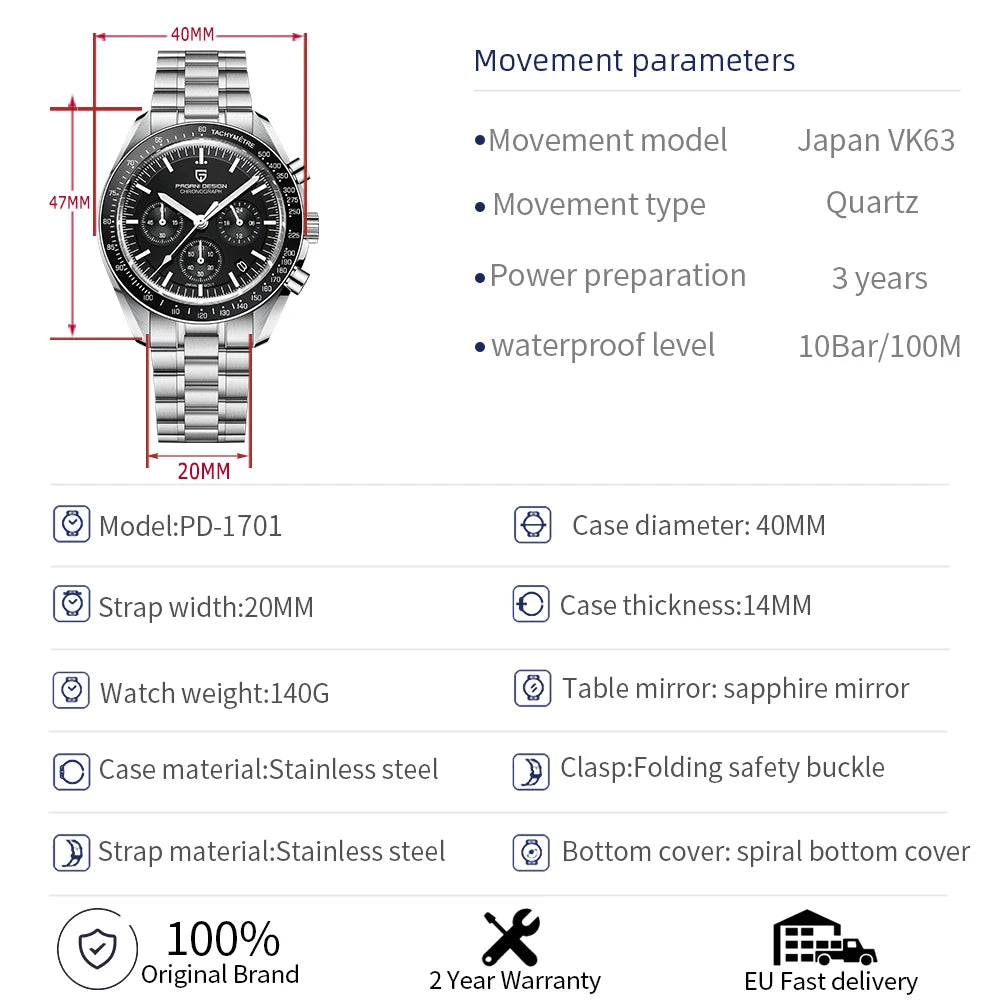 Men's Quartz Chronograph Watch Sapphire Crystal 100M