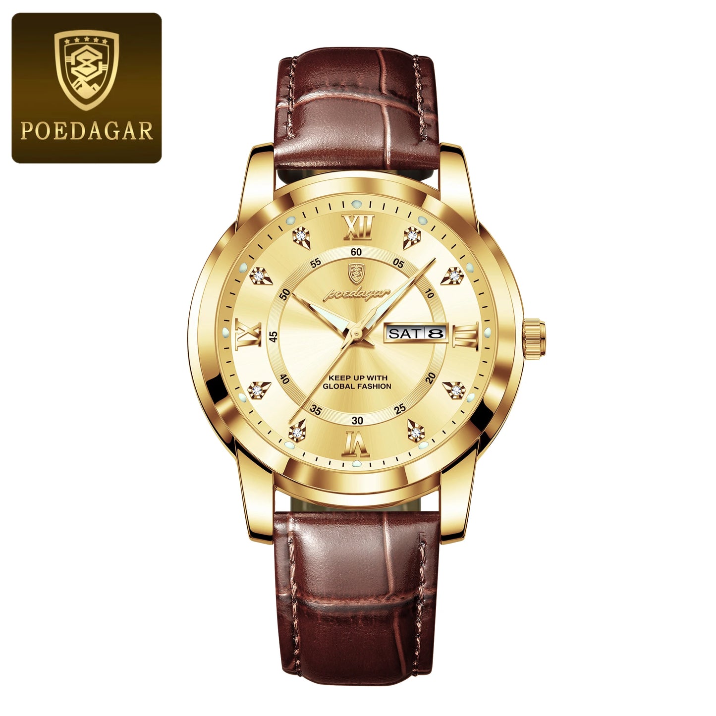 Men’s Leather Quartz Watch With Date & Week Display