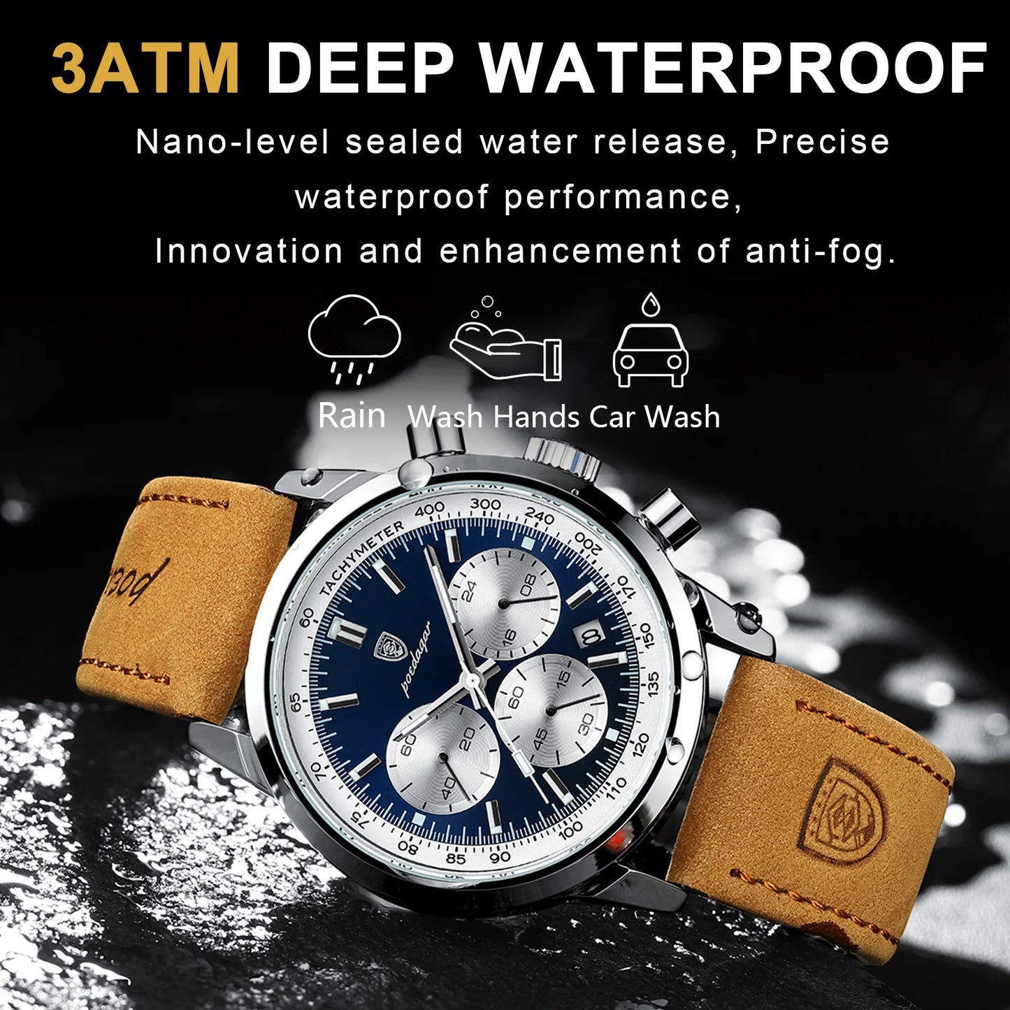 Men’s Leather Chronograph Watch With Luminous Dial