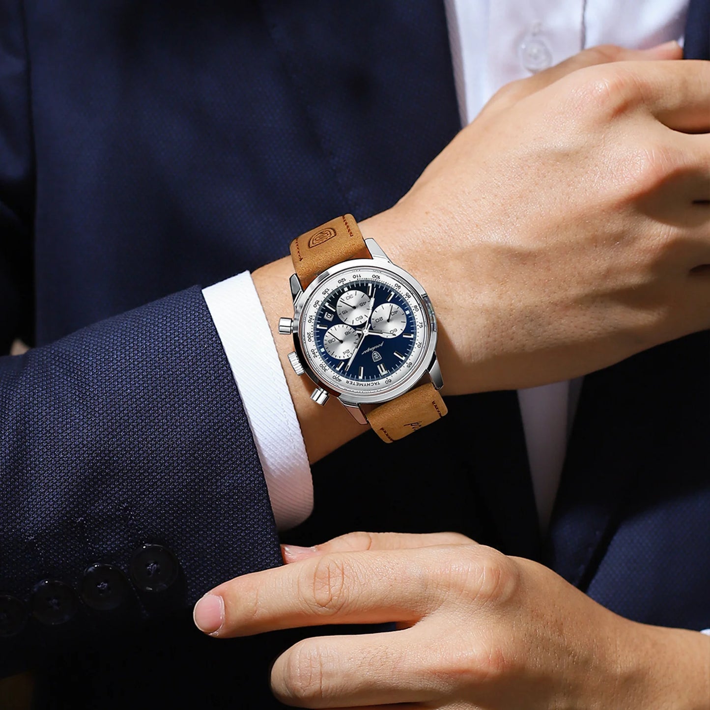 Men’s Leather Chronograph Watch With Luminous Dial