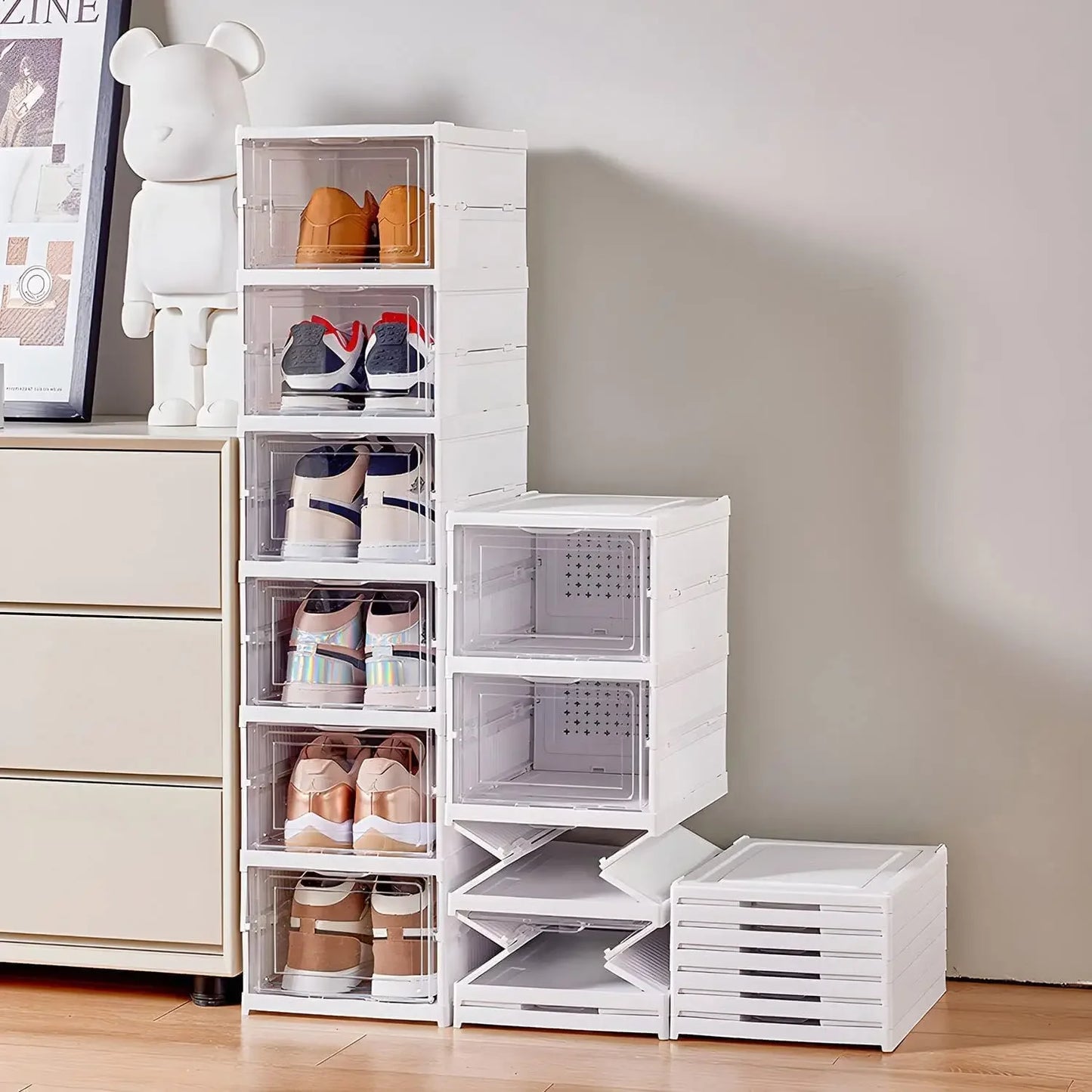 Foldable Transparent Shoe Storage Box Stackable Organizer