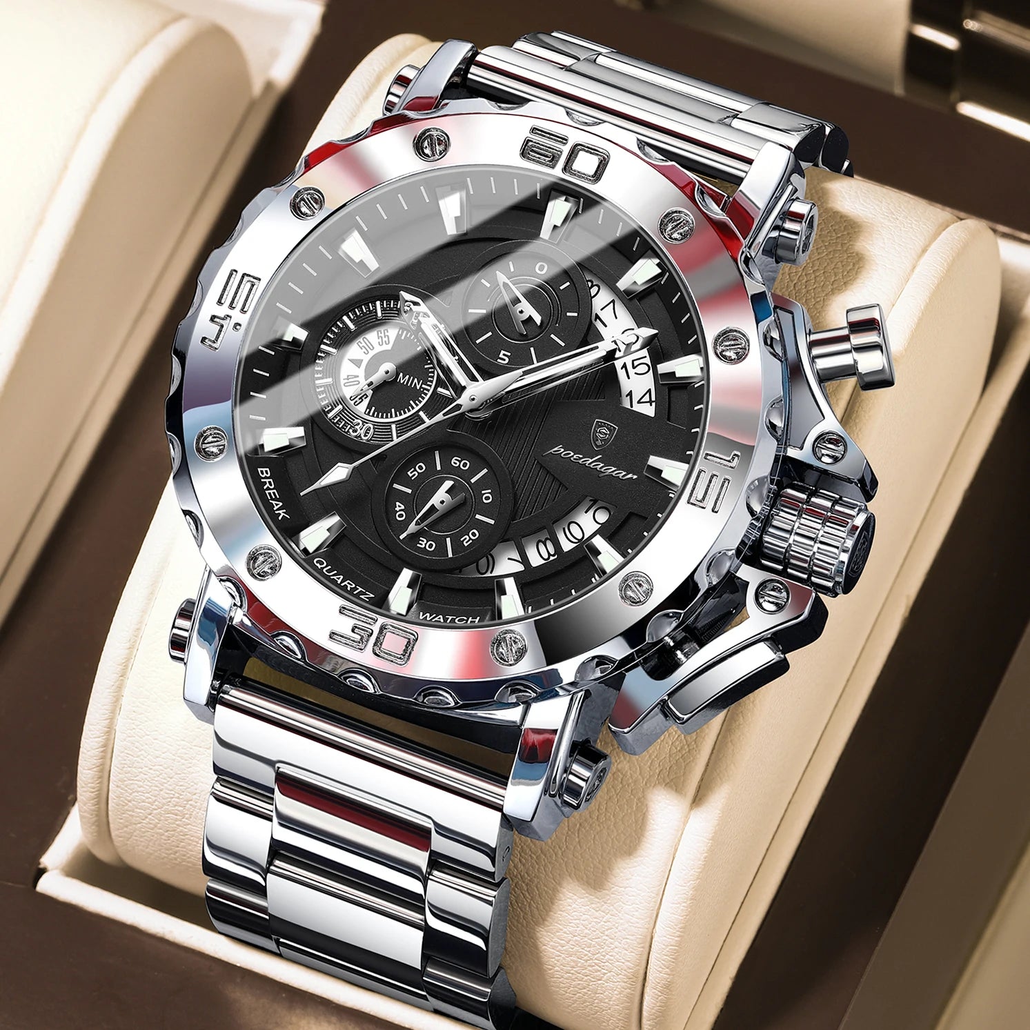 Men's Stainless Steel Chronograph Watch – Luminous & 3ATM