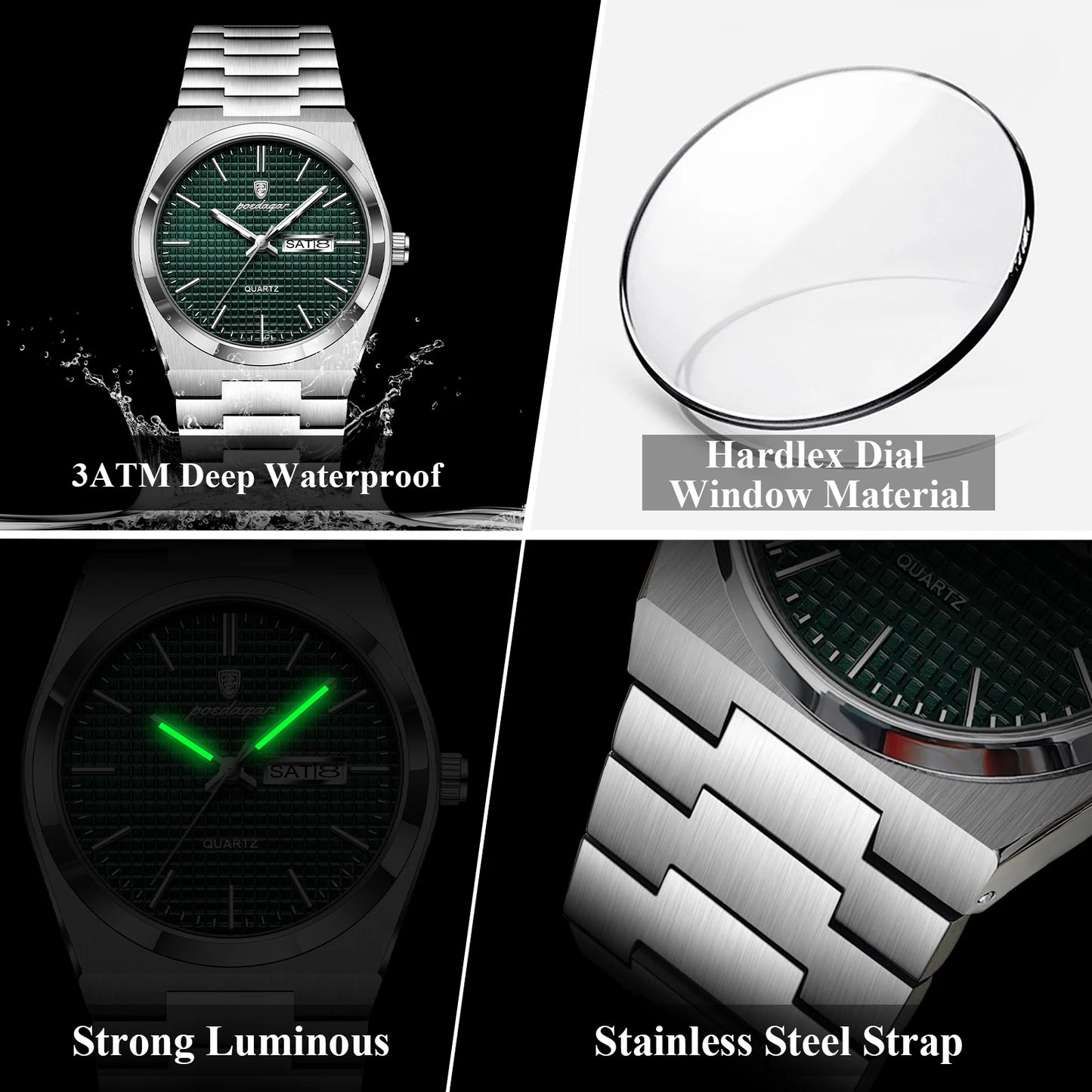 Men’s Stainless Steel Quartz Watch – Luminous, 3Bar