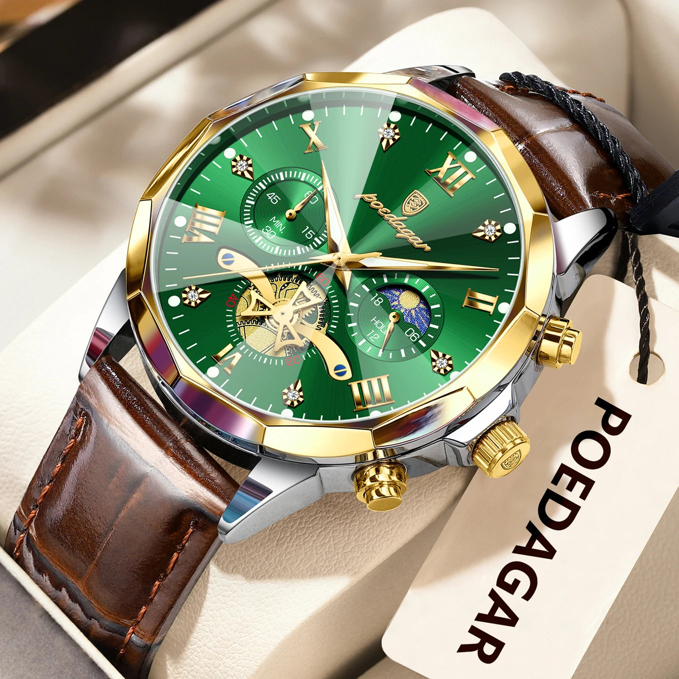 Men’s Leather Chronograph Watch Quartz Waterproof