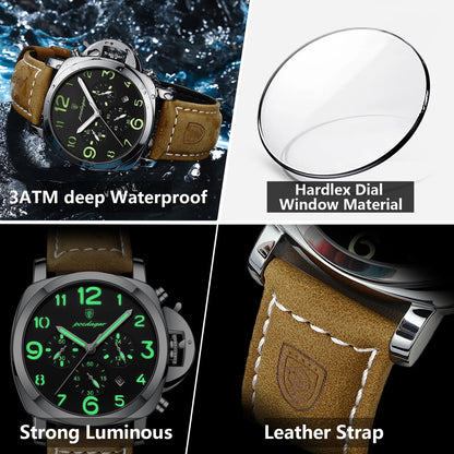 Men’s Chronograph Quartz Watch Leather Strap, 3ATM