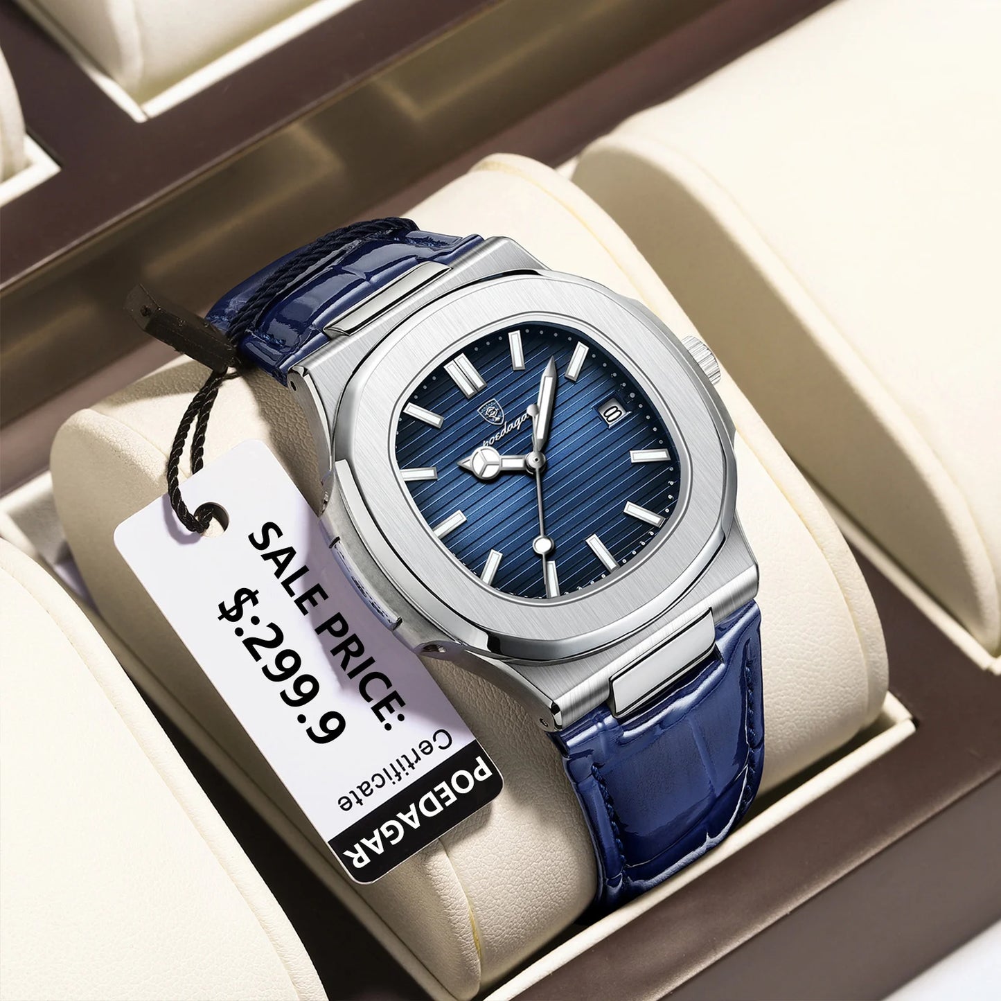 Men’s Square Quartz Watch With Leather Strap