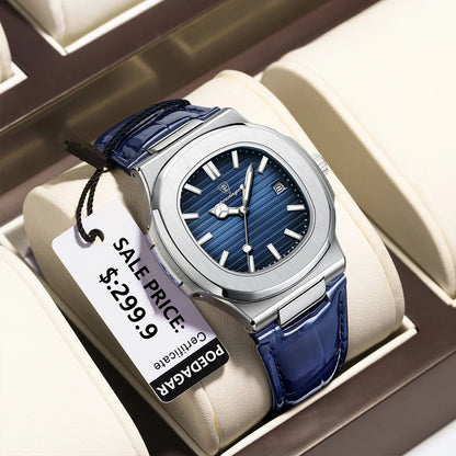 Men’s Square Quartz Watch With Leather Strap