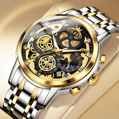 Men’s Gold Skeleton Quartz Watch With Stainless-Steel Band