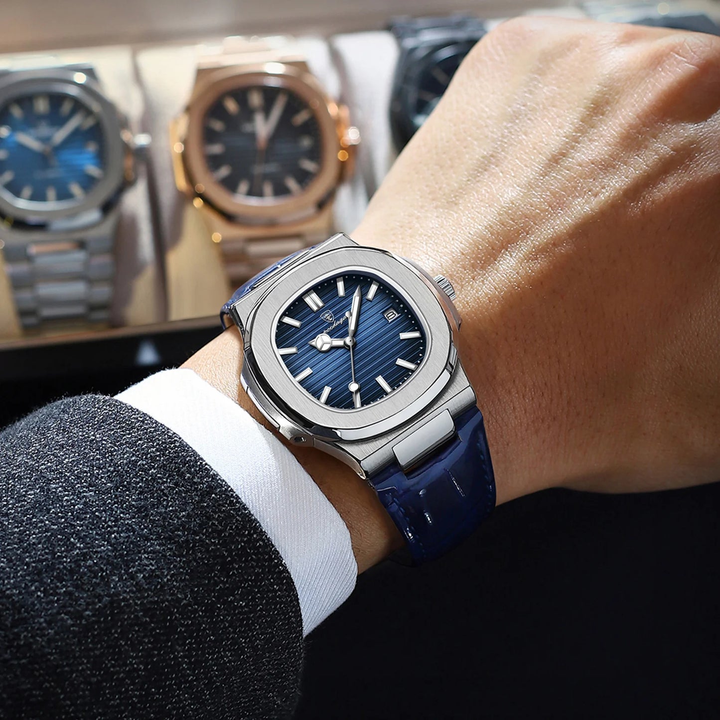 Men’s Square Quartz Watch With Leather Strap