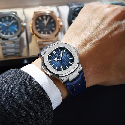 Men’s Square Quartz Watch With Leather Strap