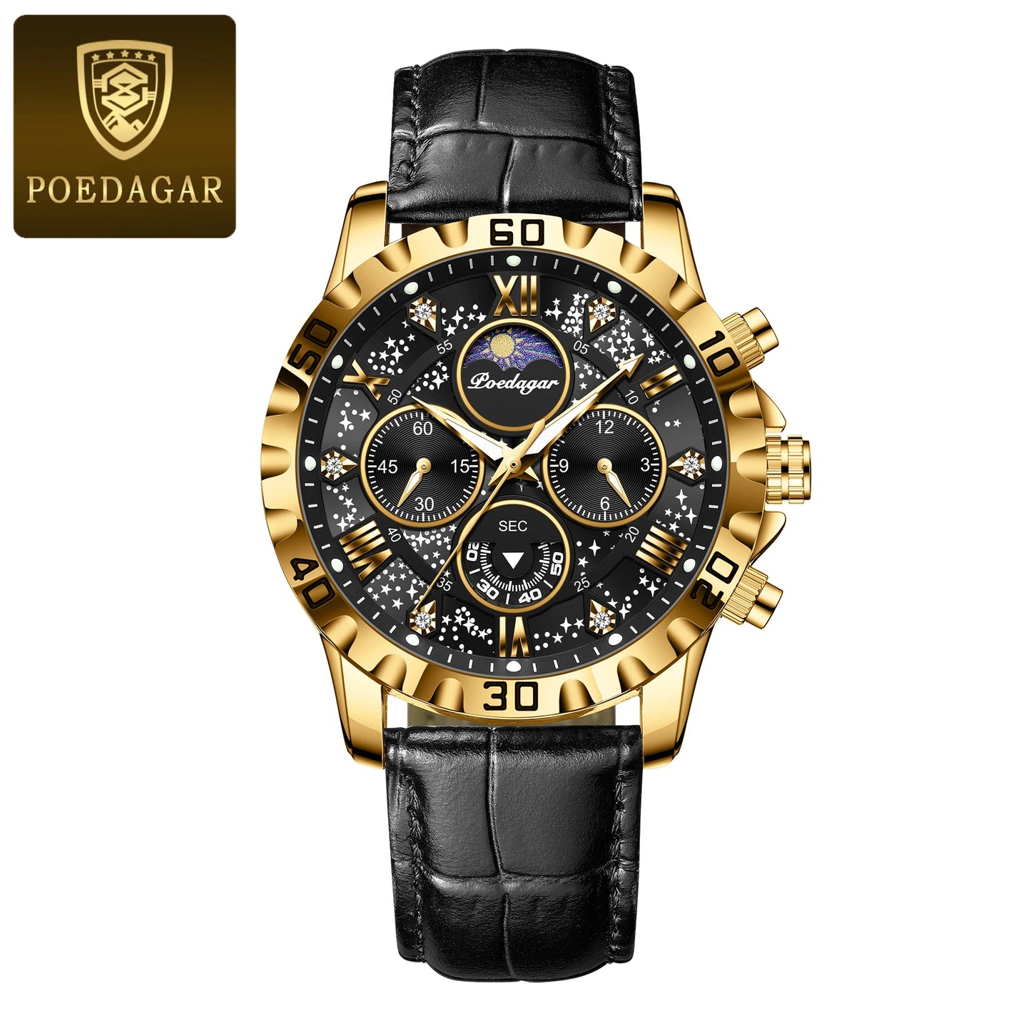 Men’s Quartz Chronograph Watch Leather Strap Waterproof