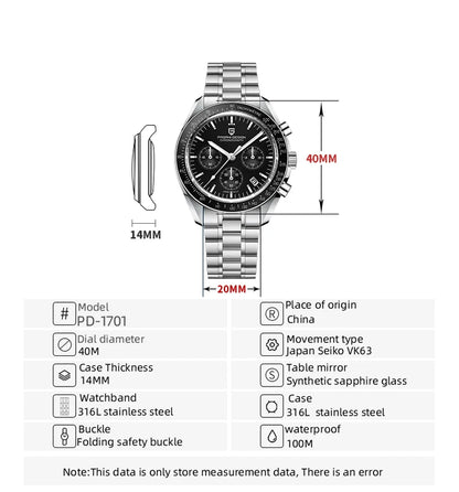 Men's Quartz Chronograph Watch Sapphire 100M Waterproof