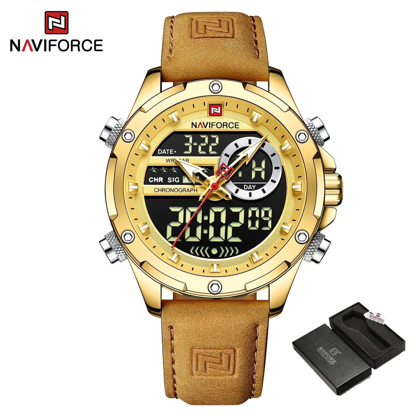 Men’s Analog Digital Chronograph Watch Leather Strap