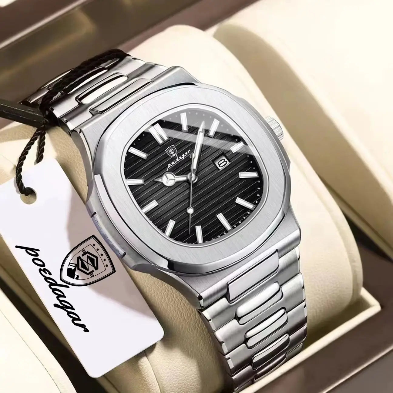 Men’s Square Stainless Steel Watch – Waterproof & Luminous