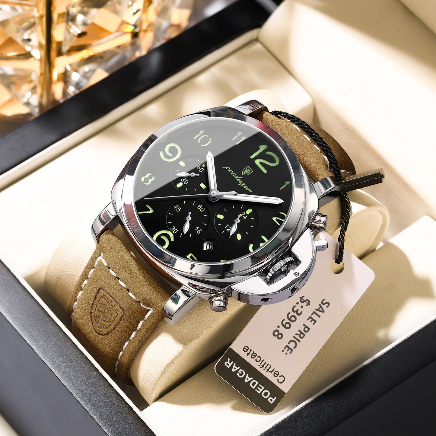 Men’s Chronograph Quartz Watch Leather Strap, 3ATM