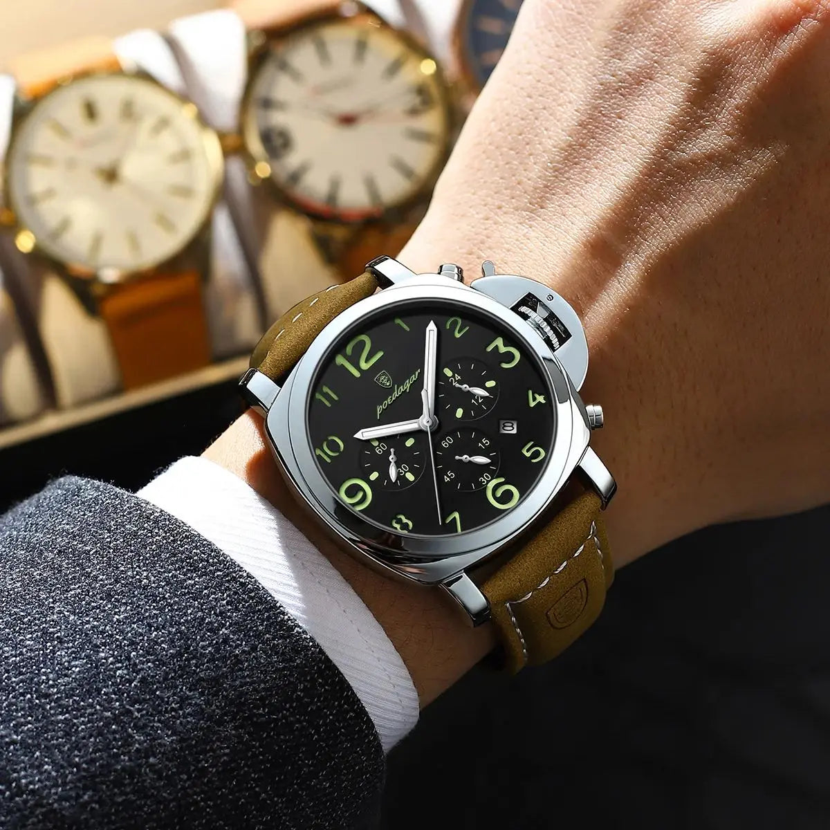 Men’s Chronograph Quartz Watch Leather Strap, 3ATM