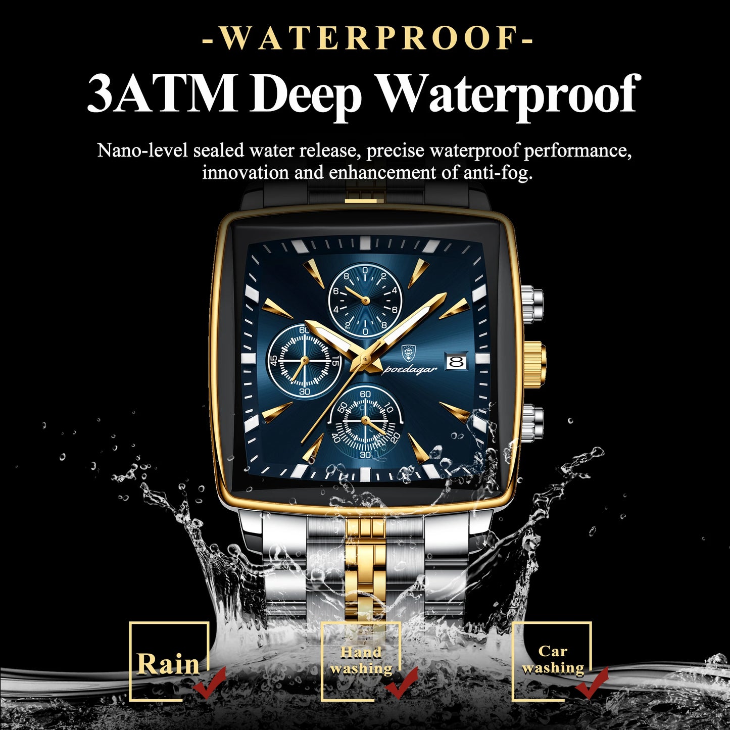 Men’s Square Chronograph Watch Luminous Waterproof Steel
