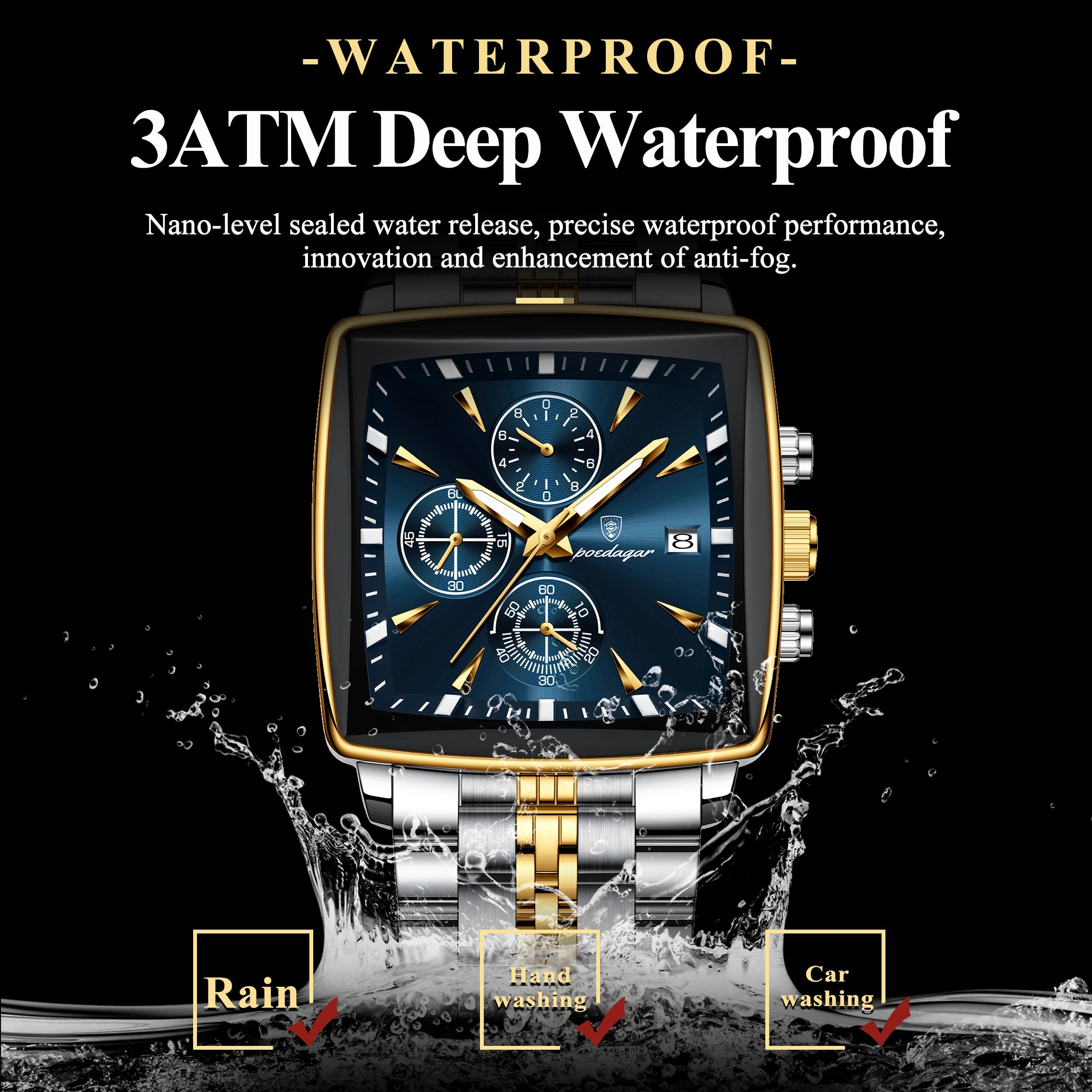 Men’s Square Chronograph Watch Luminous Waterproof Steel