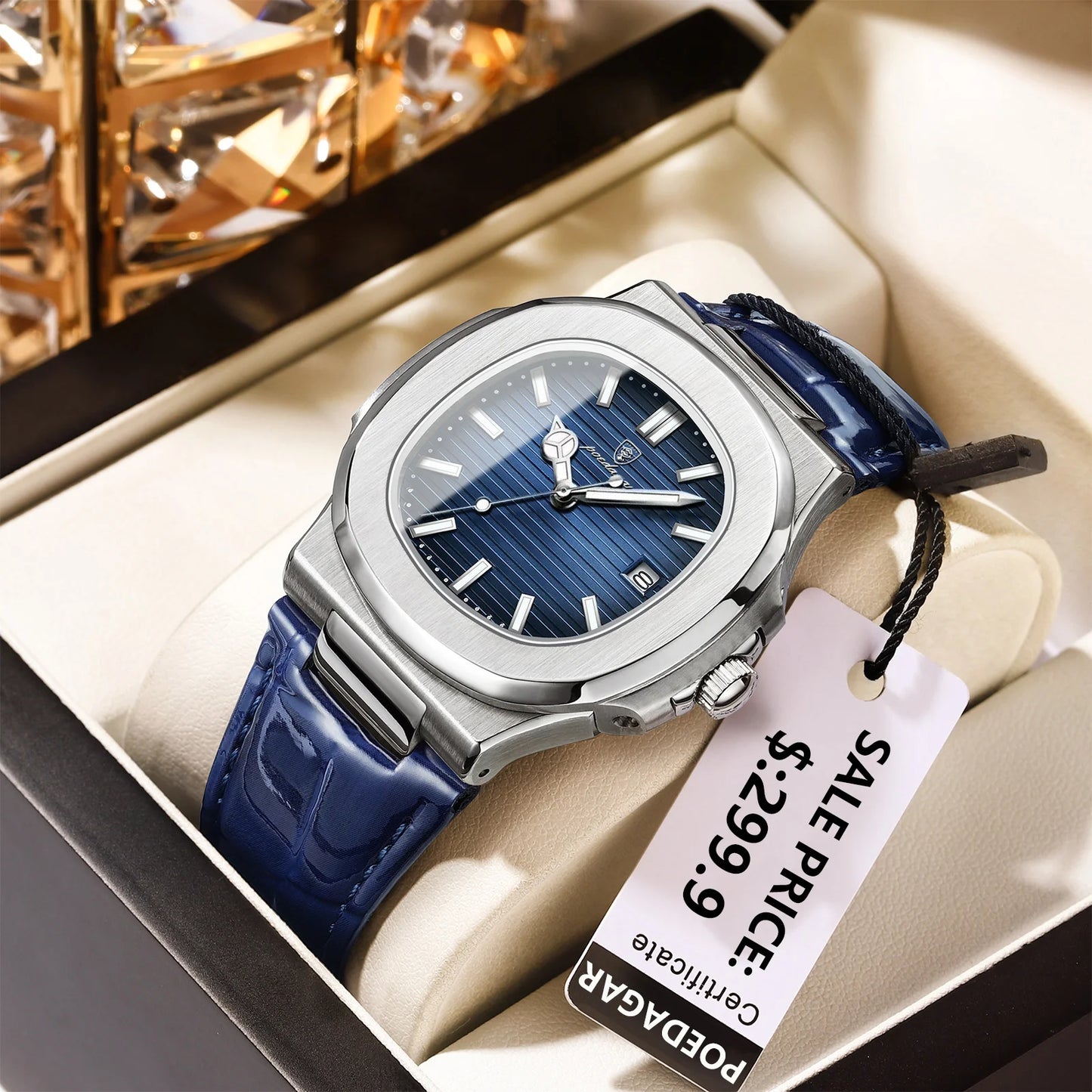 Men’s Square Quartz Watch With Leather Strap