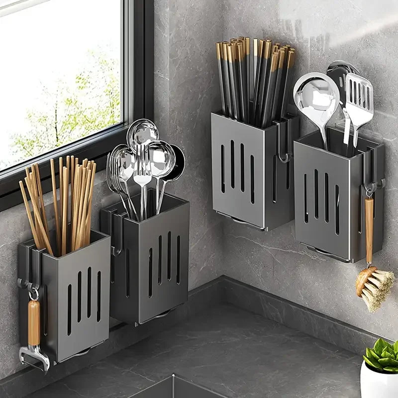 Wall-Mounted Cutlery Holder – Drain Tray & Hook Storage