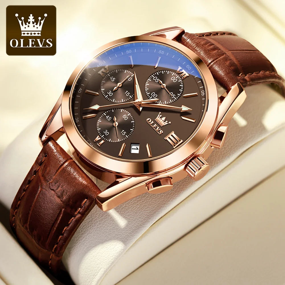 Men's Leather Chronograph Watch Luminous & Waterproof