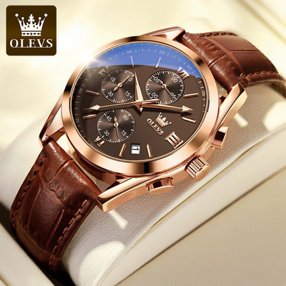 Men's Leather Chronograph Watch Luminous & Waterproof