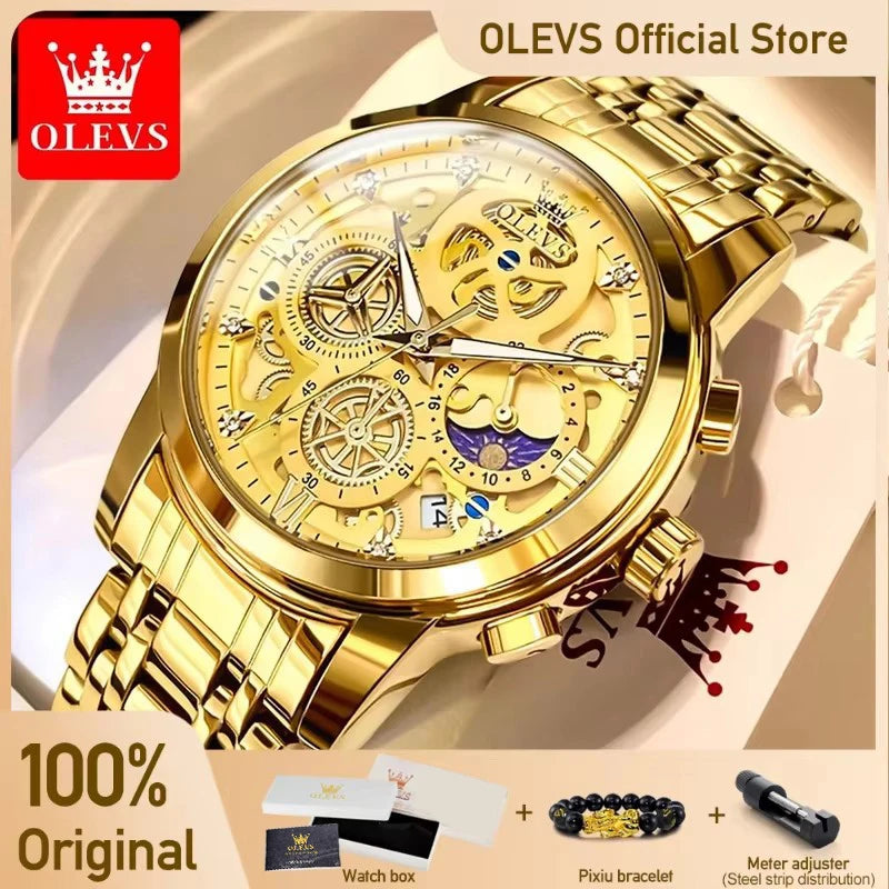 Men’s Gold Skeleton Quartz Watch With Stainless-Steel Band