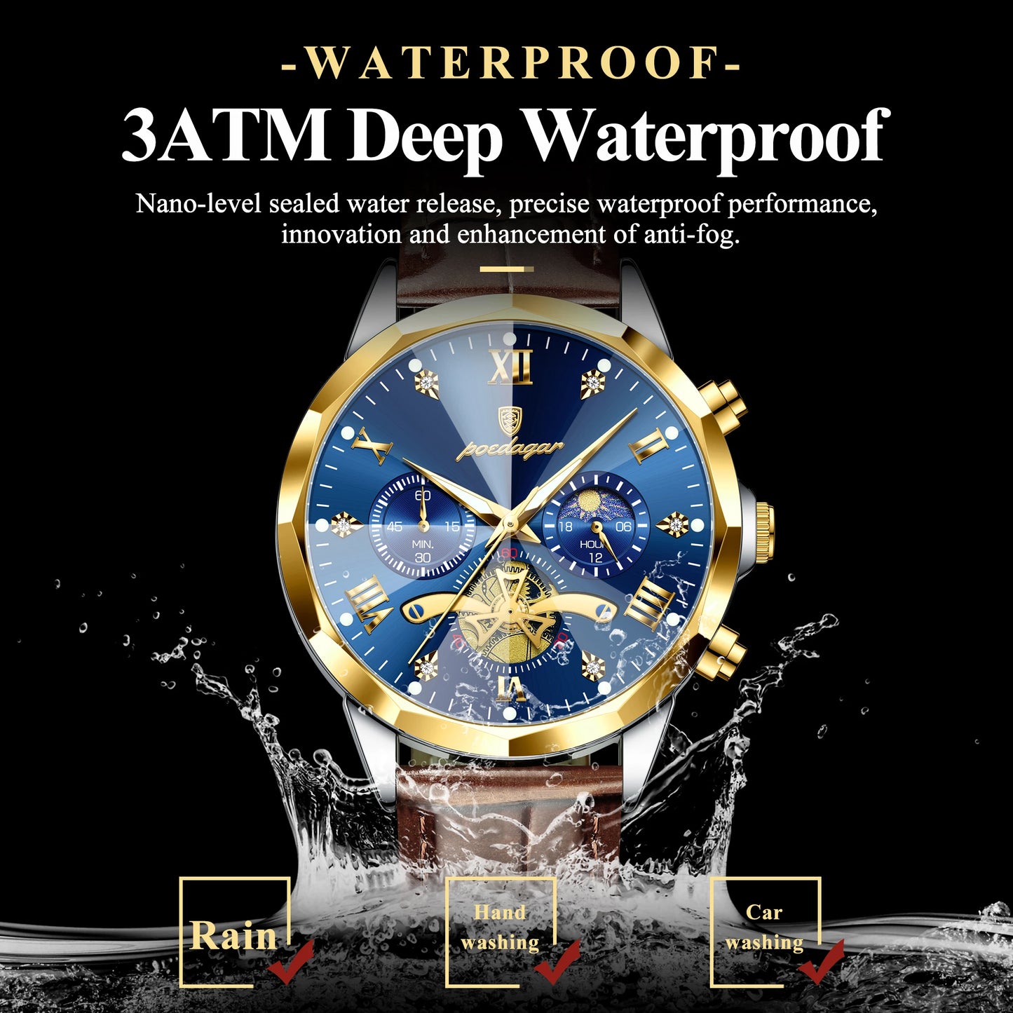Men’s Leather Chronograph Watch Quartz Waterproof
